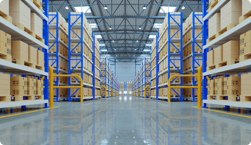 Shelves with goods in the warehouse / Półki z towarami w magazynie